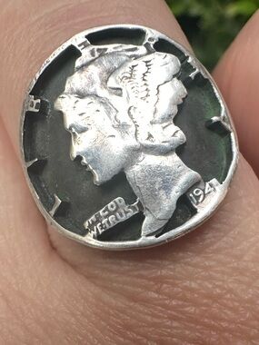 Mercury Dime Coin Ring - 925 Sterling Silver Band, size 7 3/4